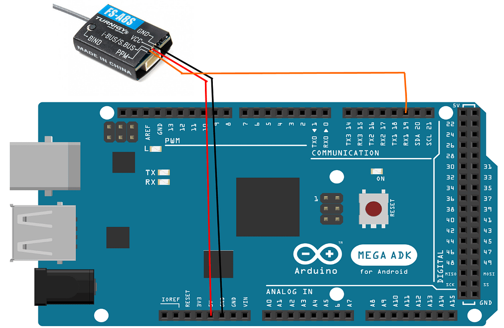 An image showing the wiring to connect a FS-A8S and an arduino mega